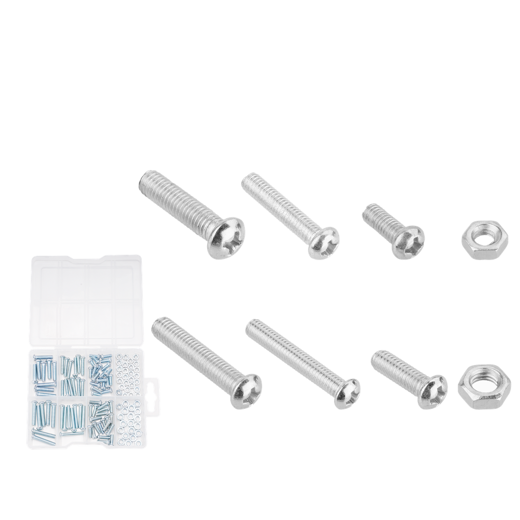 SURTIDO DE TORNILLOS  ROSCA METRICA DE 164 PIEZAS - TORNILLOS PHILLIPS (82 PIEZAS) + TUERCA HEXAGONAL (82 PIEZAS)