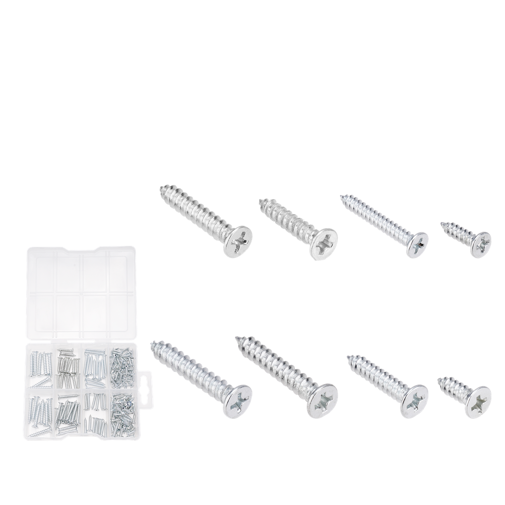 SURTIDO DE TORNILLOS PARKER 200 PIEZAS - ACERO AL C + SUPERFICIE GALVANIZADA - TORNILLOS PHILLIPS DE CABEZA FRESADA