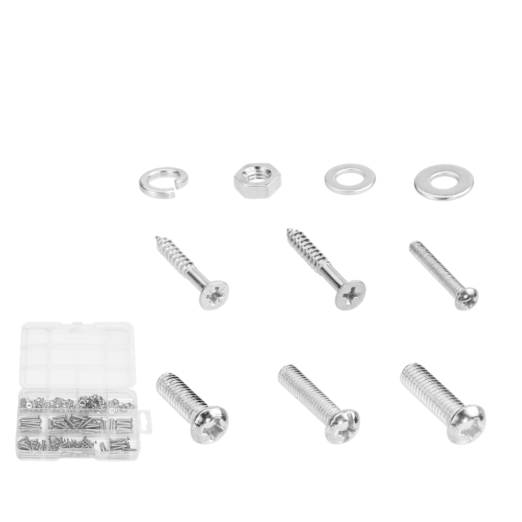 JUEGO DE TORNILLOS Y TUERCAS HEXAGONALES DE 324 PIEZAS - 57 TORNILLOS PARA METALES + 60 TORNILLOS PARKER + 57 TUERCAS HEXAGONALES + 75 ARANDELAS PLANAS + 75 ARANDELAS GROWER