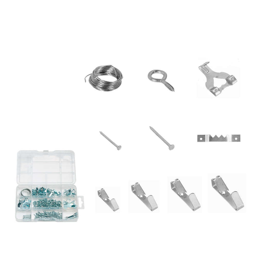 KIT DE SUSPENSION DE CUADROS DE 201 PIEZAS - ACERO AL C - 54 GANCHOS + 50 TORNILLOS + 96 CLAVOS + 1 ROLLO DE ALAMBRE