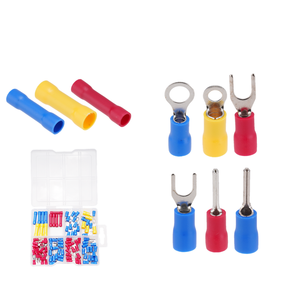 KIT DE TERMINALES PREAISLADOS DE 100 PIEZAS - PVC + LATÓN + ALUMINIO - BV5.5, 2, 1.25 + RV2-5S, 2-6, 5.5-3.5 + SV1.25-4, 2-4 + PTV1.25-12, 2-13