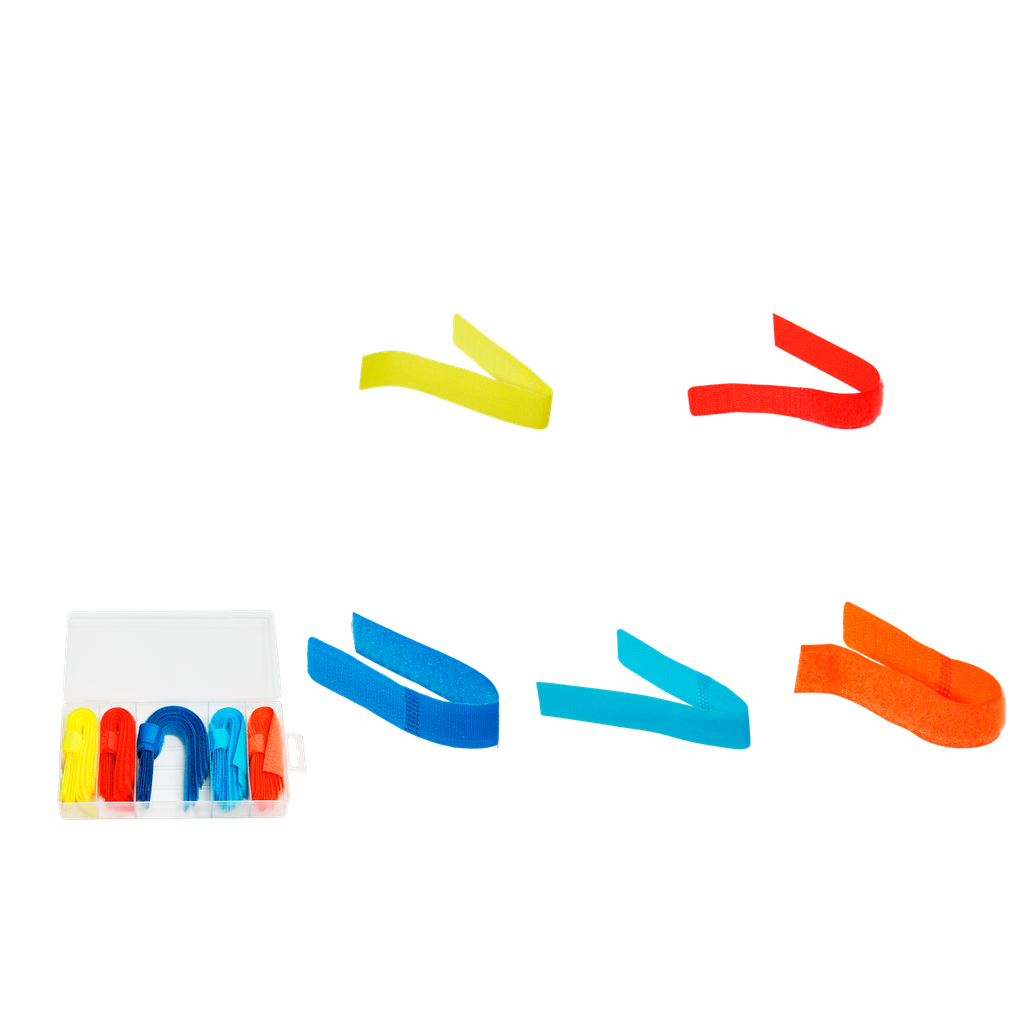 JUEGO DE CINTAS DE VELCRO DE 50 PIEZAS - MATERIAL: POLIESTER - 20 X 180MM - 10 ROJO + 10 NARANJA + 10 AZUL + 10 CELESTE + 10 AMARILLO