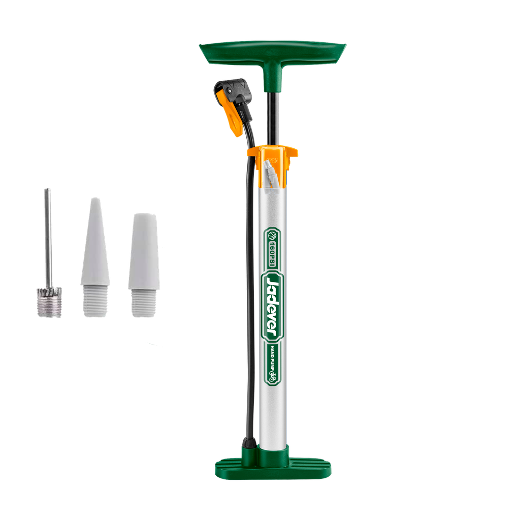 INFLADOR MANUAL CON BASE - 160PSI - 3 PICOS - CILINDRO DE ACERO Y PEDAL DE GOMA - TAMAÑO: Ø32 X 390MM
