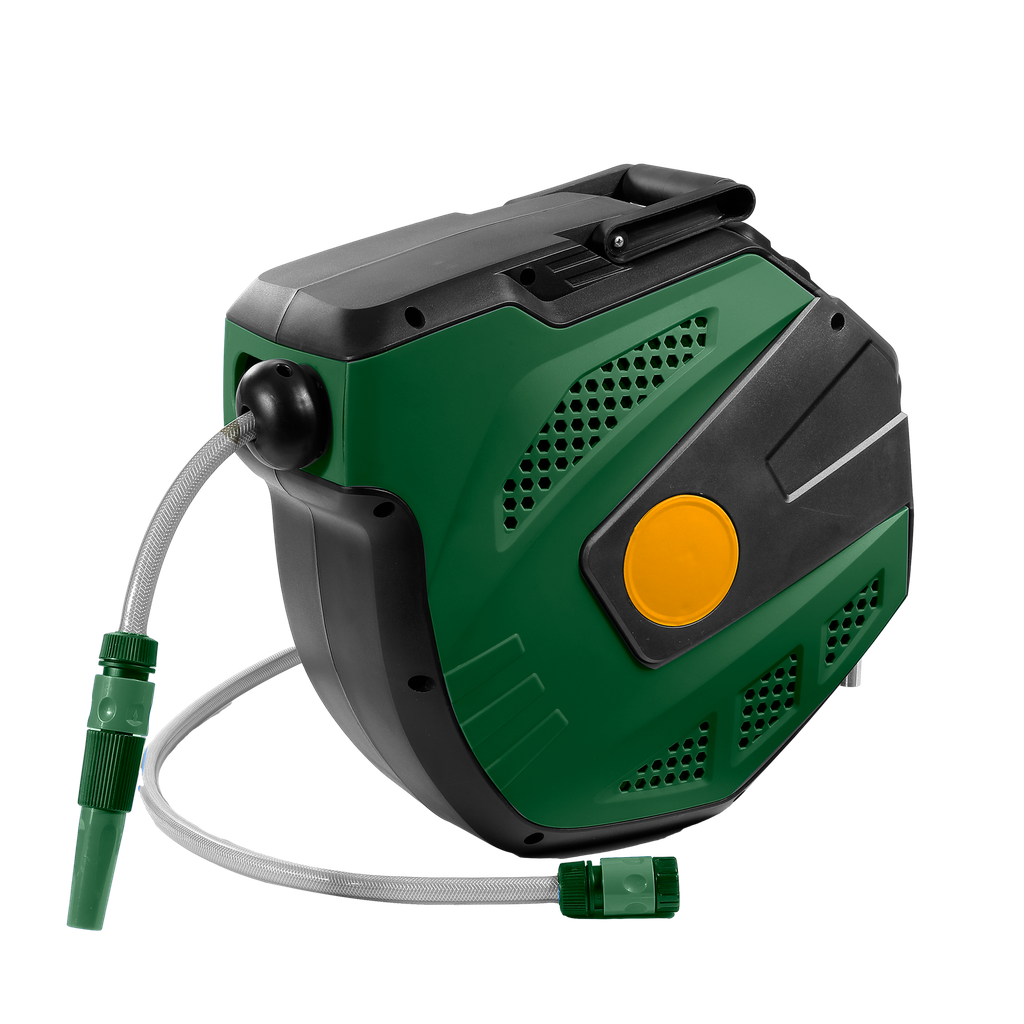ENROLLADOR DE MANGUERA - RETRACCIÓN LENTA Y PARADA AUTOMÁTICA - LONGITUD DE LA MANGUERA: 15+1,5M - TAMAÑO DE LA MANGUERA: 1/2'' - PRESIÓN DE TRABAJO: 150 PSI