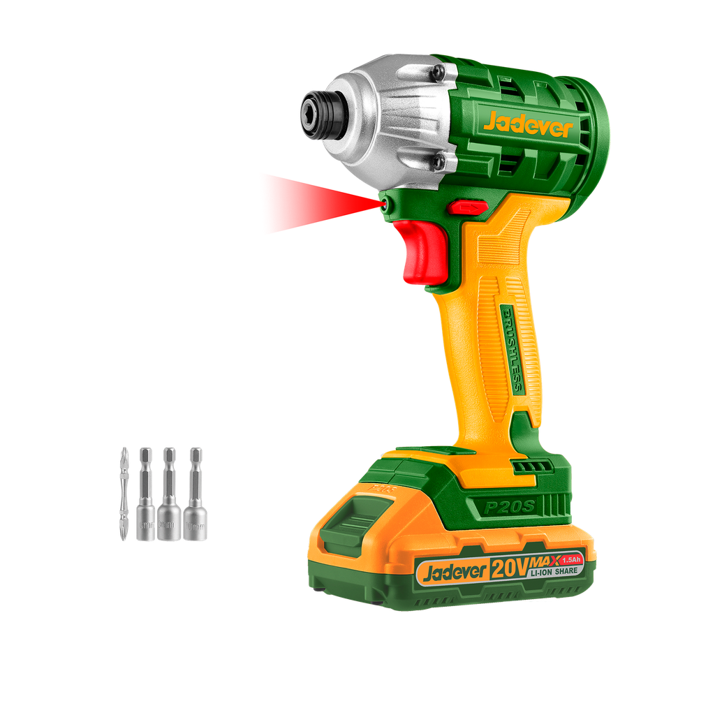 ATORNILLADOR DE IMAPCTO BRUSHLESS 1/4'' INALÁMBRICO 2300 RPM / 3300 BPM CON 2 BATERÍAS LI-ION 1.5AH - VOLTAJE: 20V - PAR APRIETE: 170NM - INCLUYE 4 PUNTAS - INCLUYE CARGADOR JADEVER