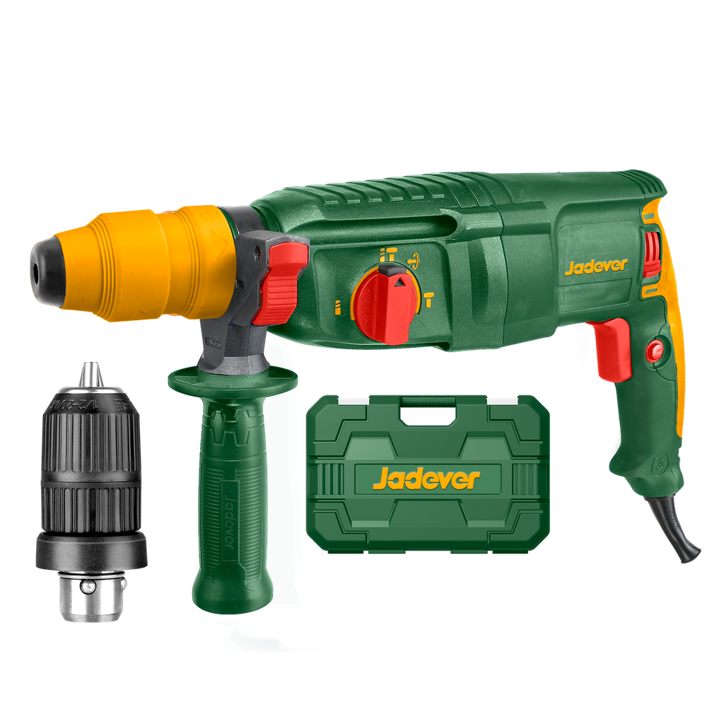 TALADRO ROTOPERCUTOR 800W - VOLTAJE: 220-240V 50/60HZ - VELOCIDAD SIN CARGA: 0 - 1100RPM - TASA DE IMPACTO: 0 - 4000BPM - ENERGÍA DE IMPACTO: 2.5J - SISTEMA DE MANDRIL SDS PLUS - INCLUYE CABEZAL EXTRA