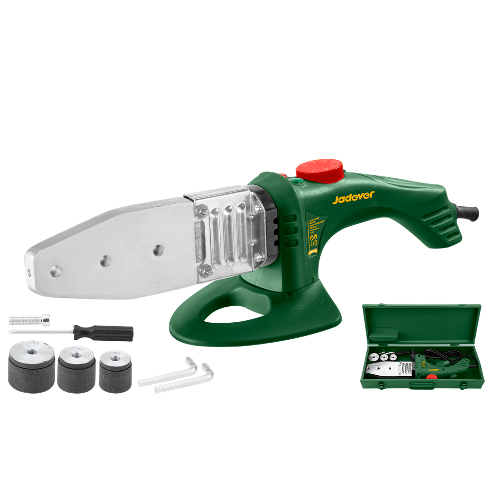 TERMOFUSORA 800W - VOLTAJE: 220-240V 50/60HZ - DIÁMETRO DE SOLDADURA: 20, 25, 32MM (CASQUILLOS INCLUIDOS) - TEMPERATURA DE TRABAJO: 0 - 300°C - APLICANDO: PP-R, PB, PE, PE-RT - INCLUYE ACCESORIOS