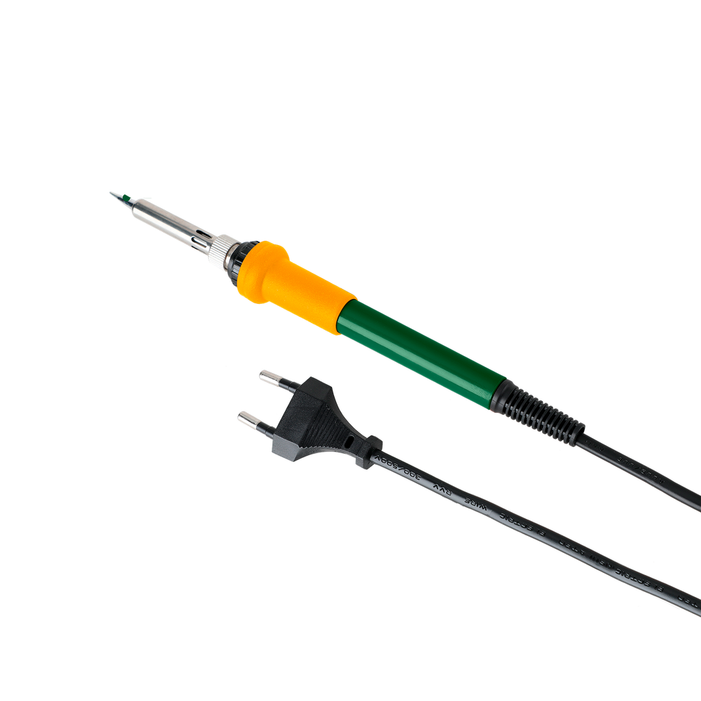 SOLDADOR ELÉCTRICO 60W - VOLTAJE: 220-240V 50/60HZ - TIEMPO DE PRECALENTAMIENTO: 1 - 2MIN - CABEZA RECTA Y CON PUNTA - ELEMENTO CALEFACTOR CERÁMICO - SOPORTE DE SOLDADOR - PUNTA REEMPLAZABLE