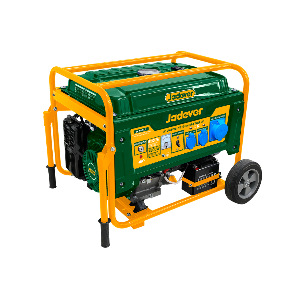 GENERADOR A GASOLINA 3000RPM - POT MÁX: 8,5KW - POT NOM: 7,5KW - MOTOR 4 TIEMPOS OHV 457CC - REFRIGERADO POR AIRE - ENCENDIDO TCI - ARRANQUE MANUAL + ELÉCTRICO - TANQUE DE COMBUSTIBLE: 25L