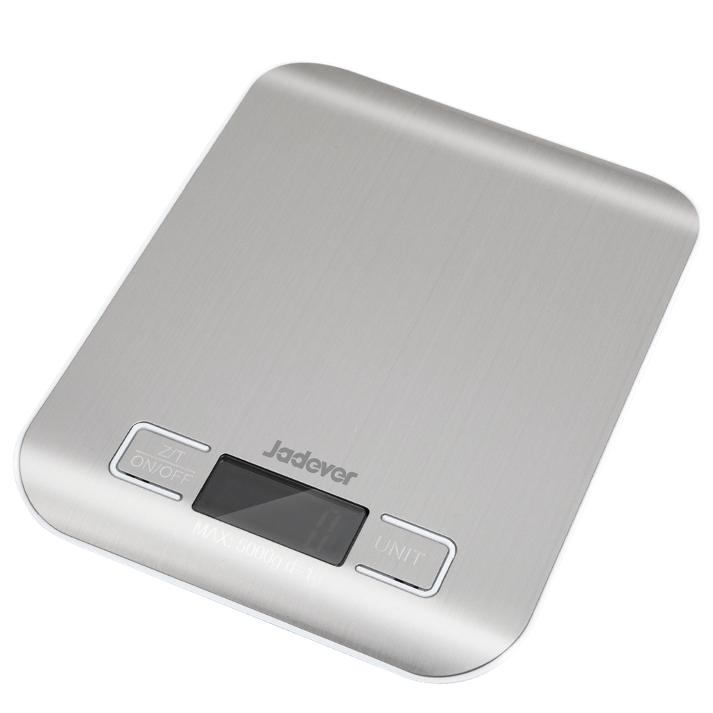 BALANZA ELECTRÓNICA DE COCINA - CAPACIDAD: 5G - 5000G - UNIDAD: G/LB/ML/OZ - TAMAÑO: 18 X 13.9 X 1.8CM - ACERO INOXIDABLE - APAGADO AUTOMÁTICO - PANTALLA LCD JADEVER