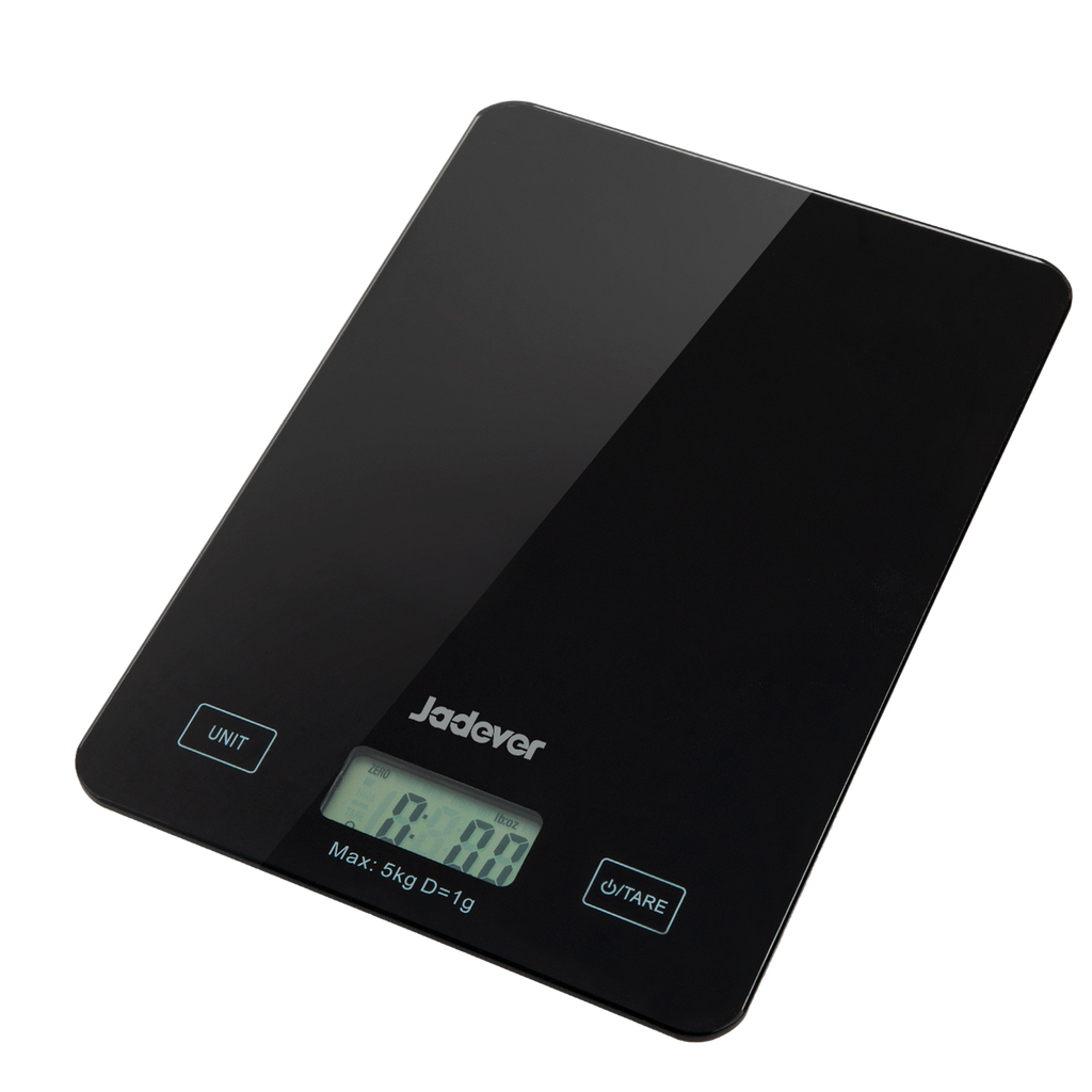 BALANZA ELECTRÓNICA DE COCINA - CAPACIDAD: 5G - 5000G - UNIDAD: G/KG/LB/ML/OZ - TAMAÑO: 21.5 X 16 X 1.8CM - VIDRIO TEMPLADO - APAGADO AUTOMÁTICO - PANTALLA LCD JADEVER