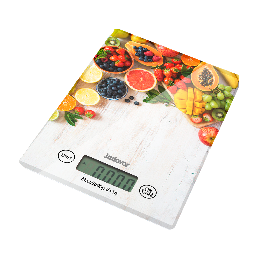 BALANZA ELECTRÓNICA DE COCINA - CAPACIDAD: 5G - 5000G - UNIDAD: G/KG/LB/OZ - TAMAÑO: 23 X 16 X 2CM - VIDRIO TEMPLADO - APAGADO AUTOMÁTICO - PANTALLA LCD JADEVER