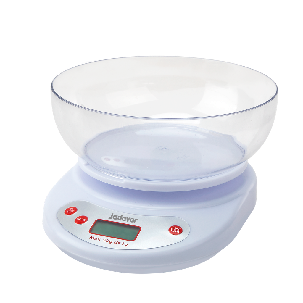 BALANZA ELECTRÓNICA DE COCINA - CAPACIDAD: 5G - 5000G - UNIDAD: G/LB/OZ - TAMAÑO: 20 X 16 X 5CM - 2 PILAS AA - PS - APAGADO AUTOMÁTICO - PANTALLA LCD JADEVER