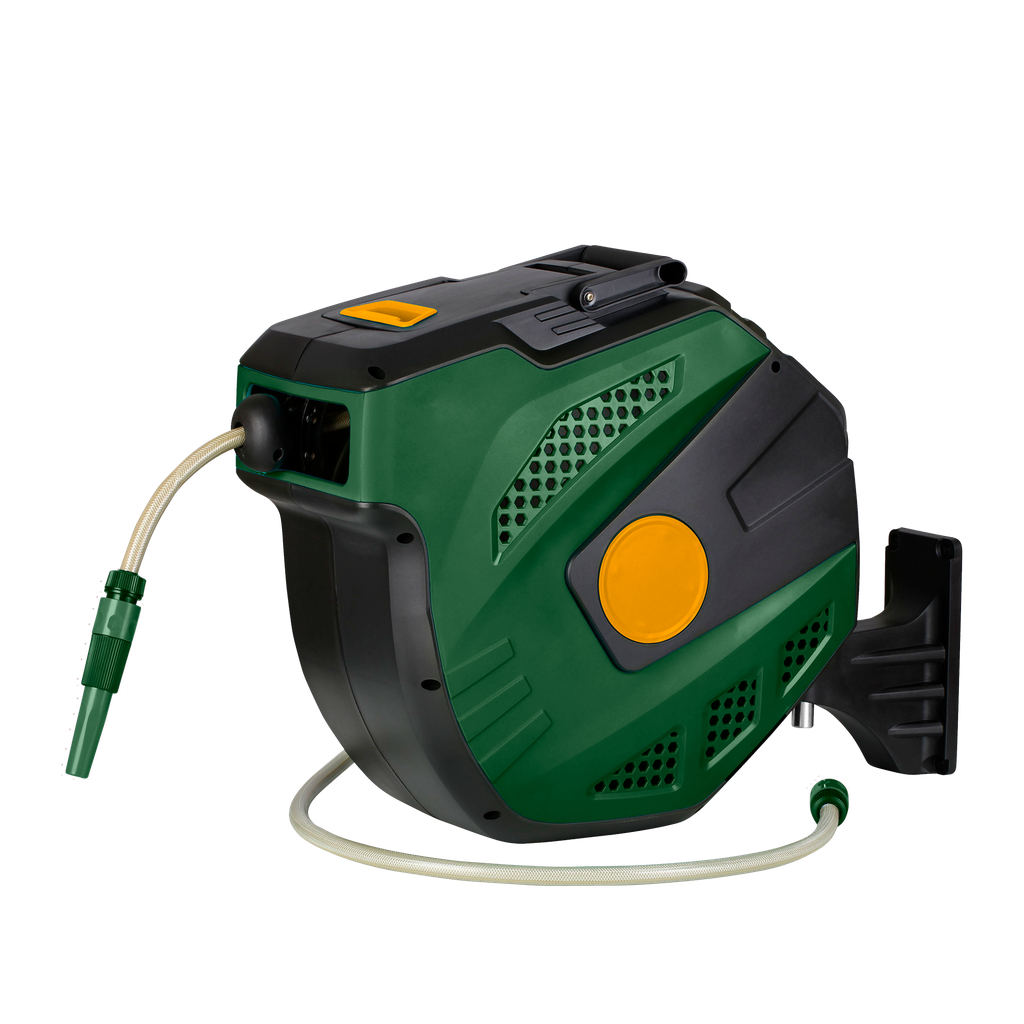 ENROLLADOR AUTOMÁTICO DE MANGUERA DE AGUA - RETRACCIÓN LENTA Y PARADA AUTOMÁTICA - LONGITUD DE LA MANGUERA: 20+2M - TAMAÑO DE LA MANGUERA: 1/2'' - PRESIÓN DE TRABAJO: 150 PSI