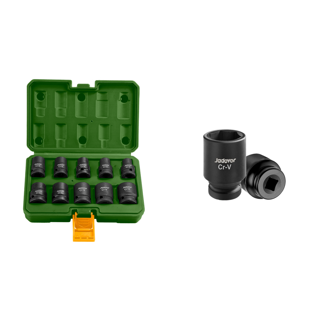 KIT DE VASOS DE IMPACTO DE 10 PIEZAS DE 1/2'' - 40MM - TAMAÑO: 10, 12, 13, 14, 15, 17, 19, 21, 22, 24MM - MATERIAL: CR-V + TRAT. TÉRMICO
