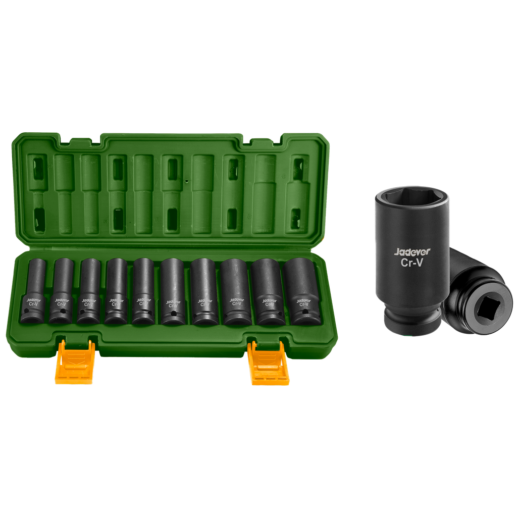 KIT DE VASOS DE IMPACTO DE 10 PIEZAS DE 1/2'' - 78MM - TAMAÑO: 10, 12, 13, 14, 15, 17, 19, 21, 22, 24MM - MATERIAL: CR-V + TRAT. TÉRMICO
