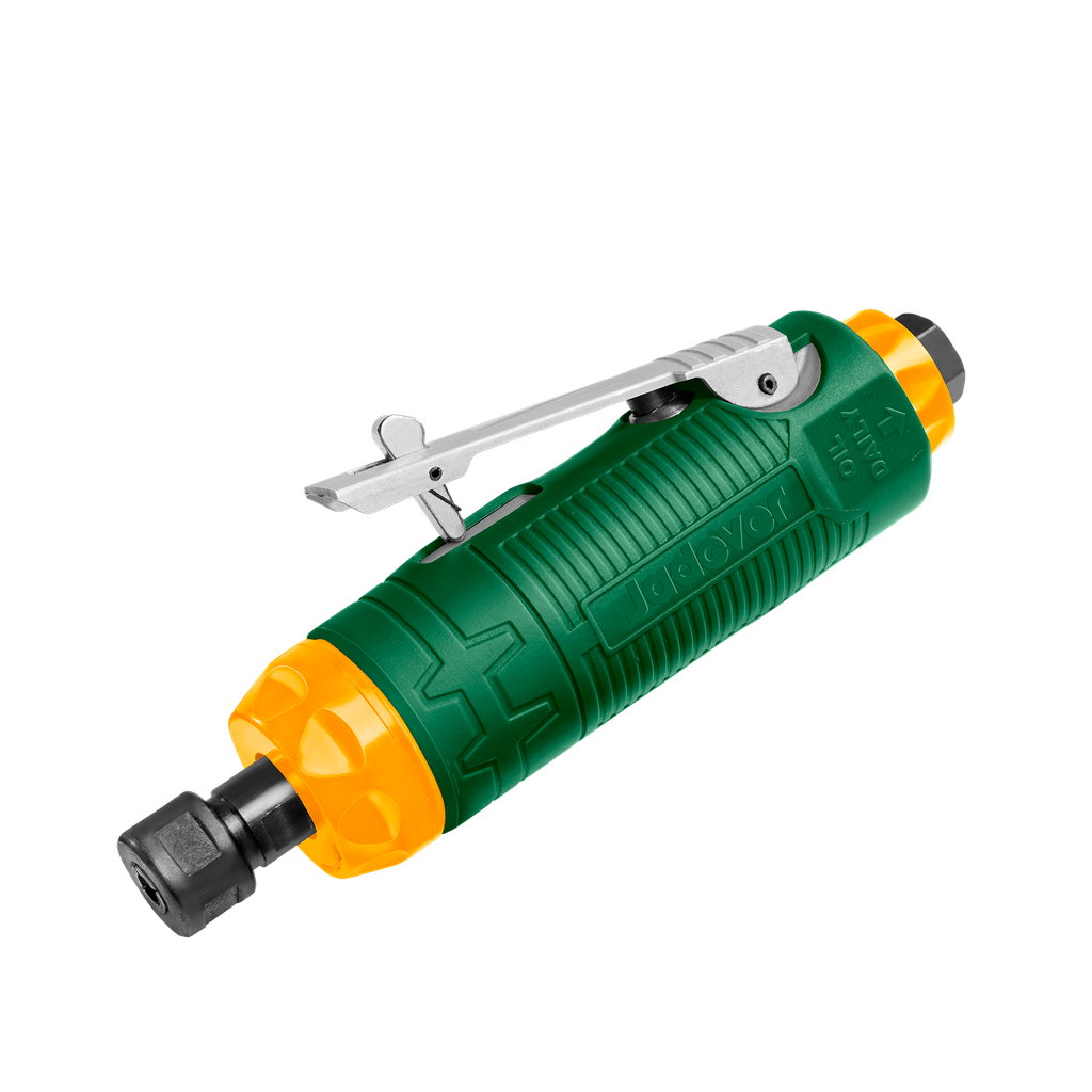 AMOLADORA NEUMÁTICA - SIN ENCHUFE RÁPIDO - TAPA DE TORNO: 6MM Y 3MM - VELOCIDAD: 22000 RPM - ENTRADA DE AIRE: 1/4'' - MANGUERA: 3/8'' - CONSUMO DE AIRE: 128,3 L/MIN - PRESIÓN DE AIRE: 6,3 BAR (90 PSI) JADEVER