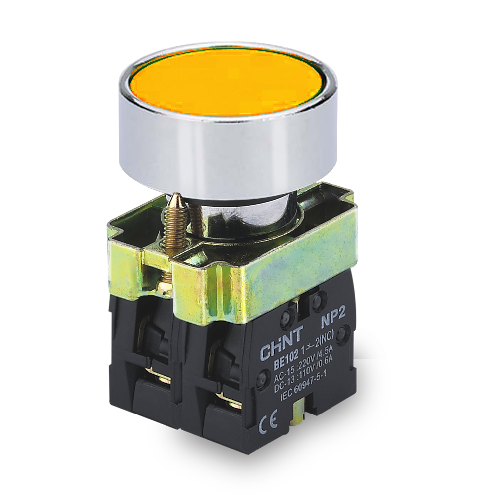 PULSADOR DE CUERPO METALICO DE 22 MM AMARILLO CON CONTACTO NA