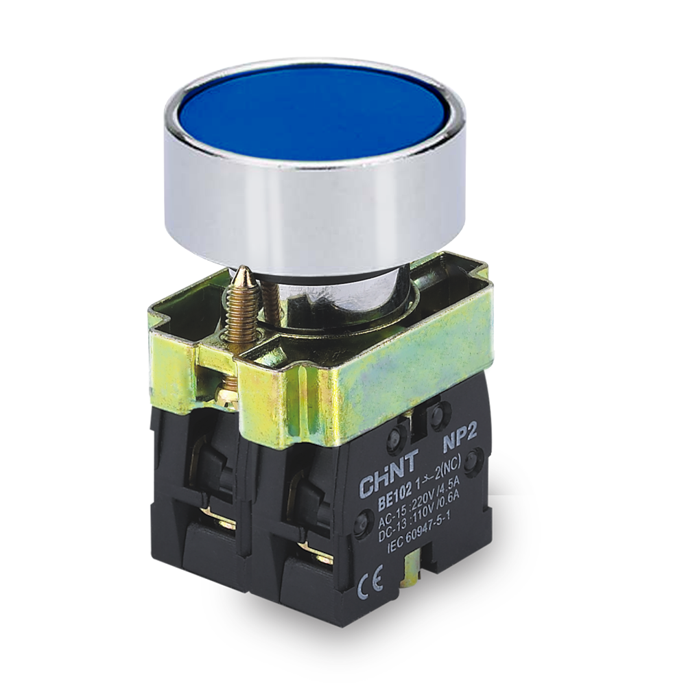 PULSADOR DE CUERPO METALICO DE 22 MM AZUL CON CONTACTO NA