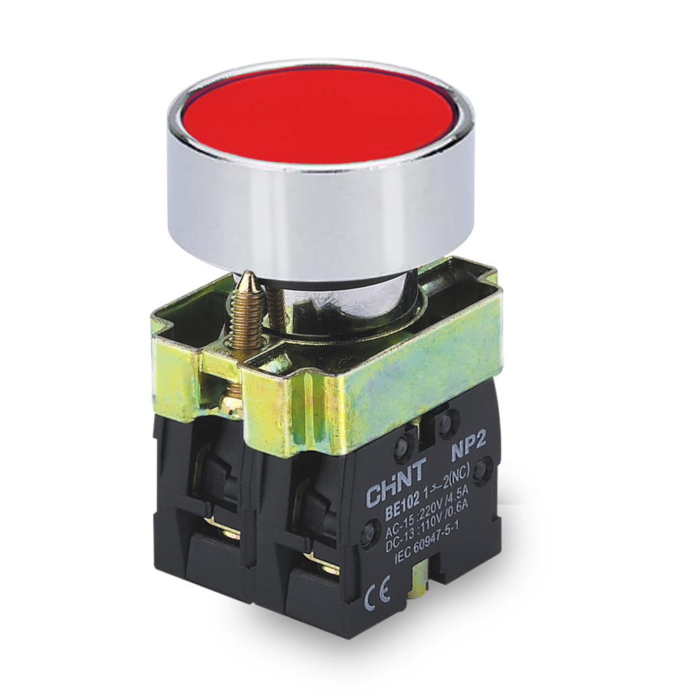 PULSADOR DE CUERPO METALICO DE 22 MM ROJO CON CONTACTO NC