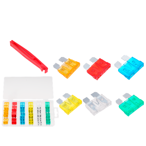 [JDFY1B01] JUEGO DE FUSIBLES PARA AUTOMÓVIL DE 49 PIEZAS - PC + ZINC - CORRIENTES: 5 A, 10 A, 15 A, 20 A, 25 A, 30 A + 1 CLIP DE SEGURIDAD