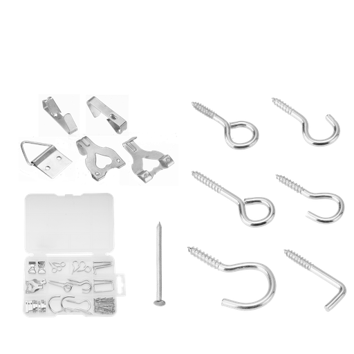 [JDVJ1B01] KIT DE GANCHOS DE 140 PIEZAS - ACERO AL C - 36 GANCHOS PARA CUADRO + 16 PITONES ABIERTOS + 24  PITONES CERRADOS + 8 PITON ESCUADRA + 56 CLAVOS COMUNES
