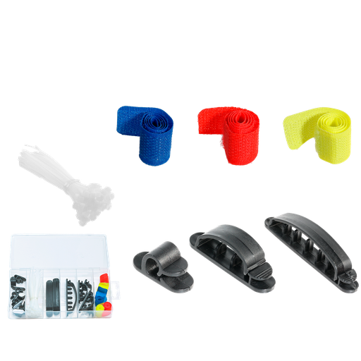 [JDFKBB01] KIT ORGANIZADOR DE CABLES DE 71 PIEZAS - PA + PE + ACERO AL C - 6 PORTACABLES GRANDES + 4 PORTACABLES MEDIANO + 8 PORTACABLES CHICO + 50 PRECINTOS 100MM + 6 CINTAS CON VELCRO