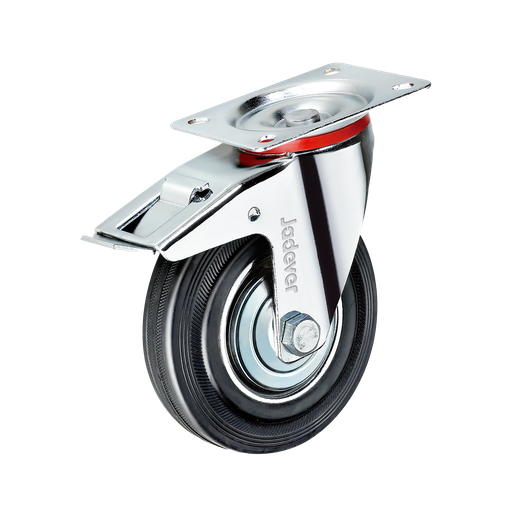 [JDJL3353] RUEDA GIRATORIA CON FRENO CON RODAMIENTOS DE RODILLOS - 5'' (125MM) X 34MM - CARGA: 100KG - ACERO + GOMA - PLACA SUPERIOR: 102 X 84MM - ALTURA DE MONTAJE: 150MM