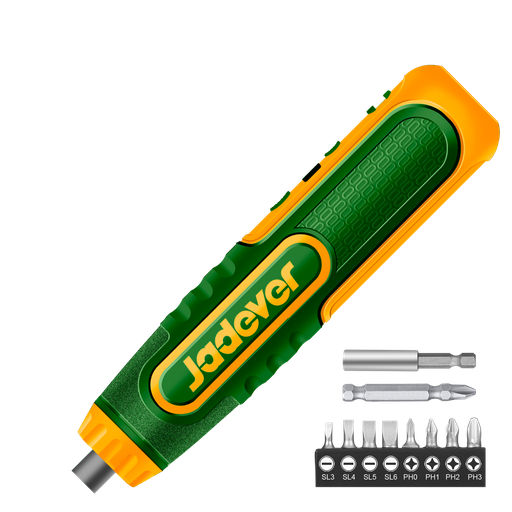 [JDCV4435] ATORNILLADOR INALÁMBRICO 260 RPM - VOLTAJE: 4V - 1/4'' (INCLUYE PUNTAS) - MÁX. PAR: 5NM - LUZ LED - INDICADOR DE NIVEL DE CARGA - TERMINAL DE CARGA: USB TIPO C (CARGADOR NO INLUIDO) - INCLUYE 9 PUNTAS JADEVER
