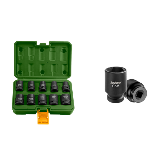 [JDMS1D01] KIT DE VASOS DE IMPACTO DE 10 PIEZAS DE 1/2'' - 40MM - TAMAÑO: 10, 12, 13, 14, 15, 17, 19, 21, 22, 24MM - MATERIAL: CR-V + TRAT. TÉRMICO
