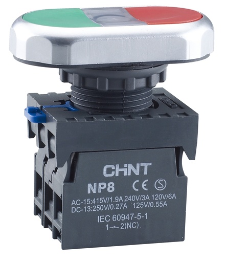 [NP8-11SD WHT AC 110V-230V] PULSADOR LUMINOSO DOBLE 22 MM - NP8 - COLOR VERDE/BLANCO/ROJO 110V-230VCA - C/1NA+ 1NC