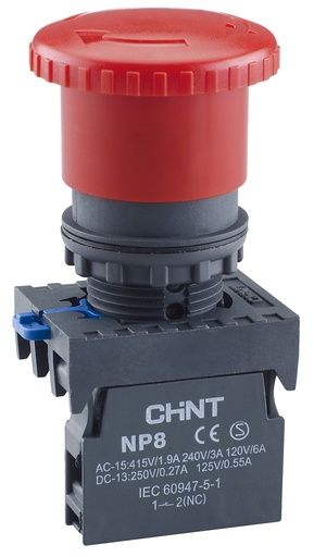 [NP8-01ZS/1 RED] PULSADOR TIPO HONGO DE 22 MM - NP8 - COLOR ROJO - C/1NC - C/DESENCLAVE CON GIRO